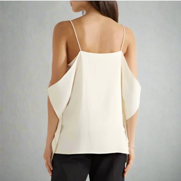 Theory Cold Shoulder Rosina Top Womens Medium Ivory Sleeveless Crepe Blouse - Picture 2 of 8